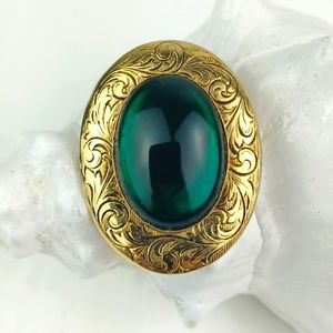 Vintage Style Vibrant Green Etched Gold-Tone Brooch & Pendant